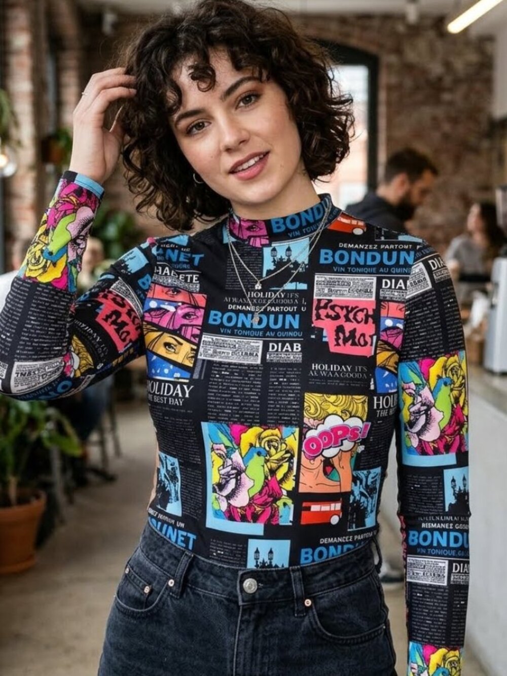 SHEIN Mock-Neck Newspaper & Pop Art Print Top Casual Everyday Wear